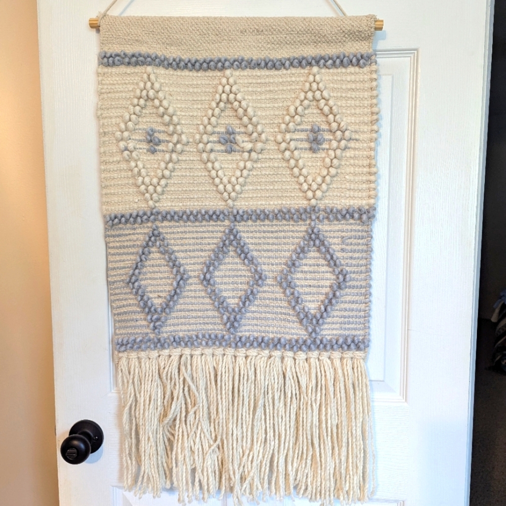 Macrame Knotted Wool Wall Hanging Cream White & Blue Grey Cotton Rope 32" x 22"
